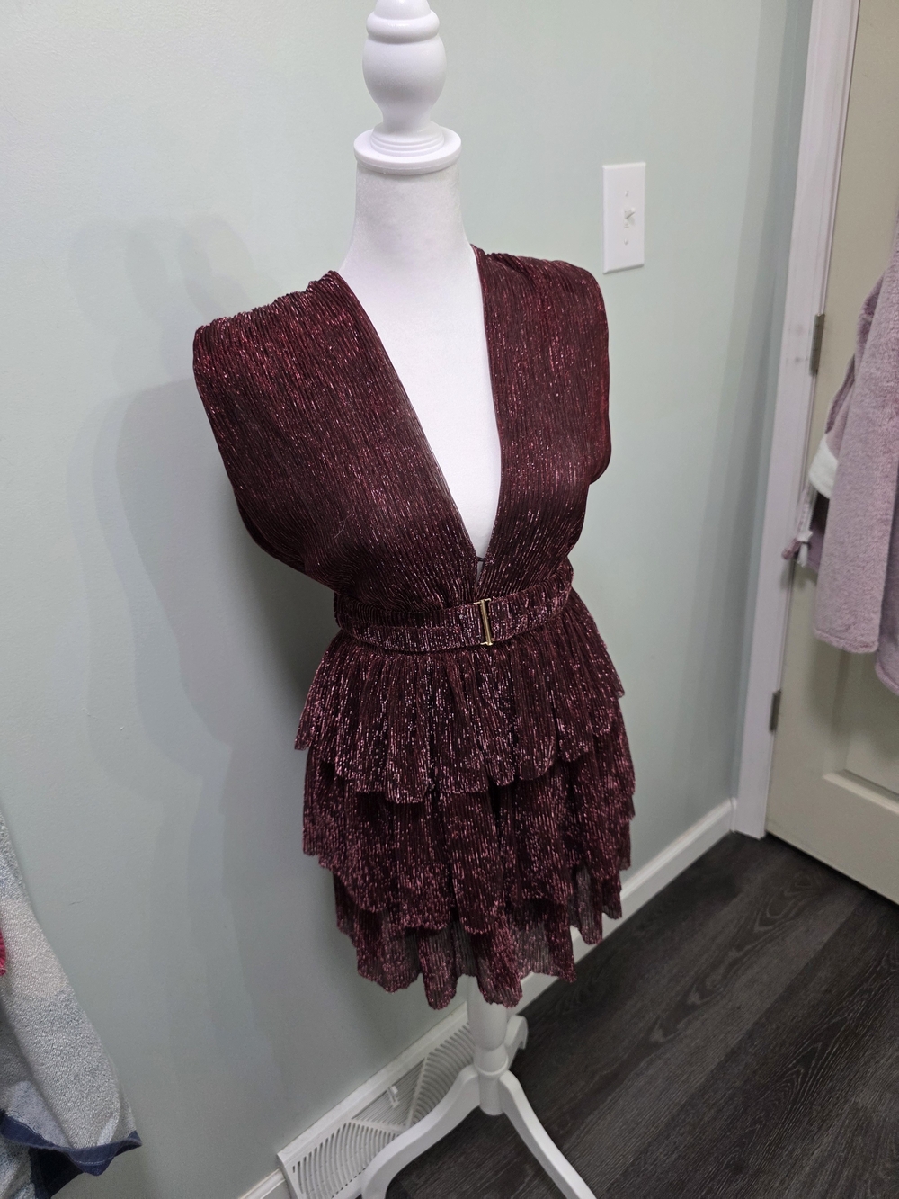 Olivaceous Shimmery Wine Red Tiered Ruffle Dress